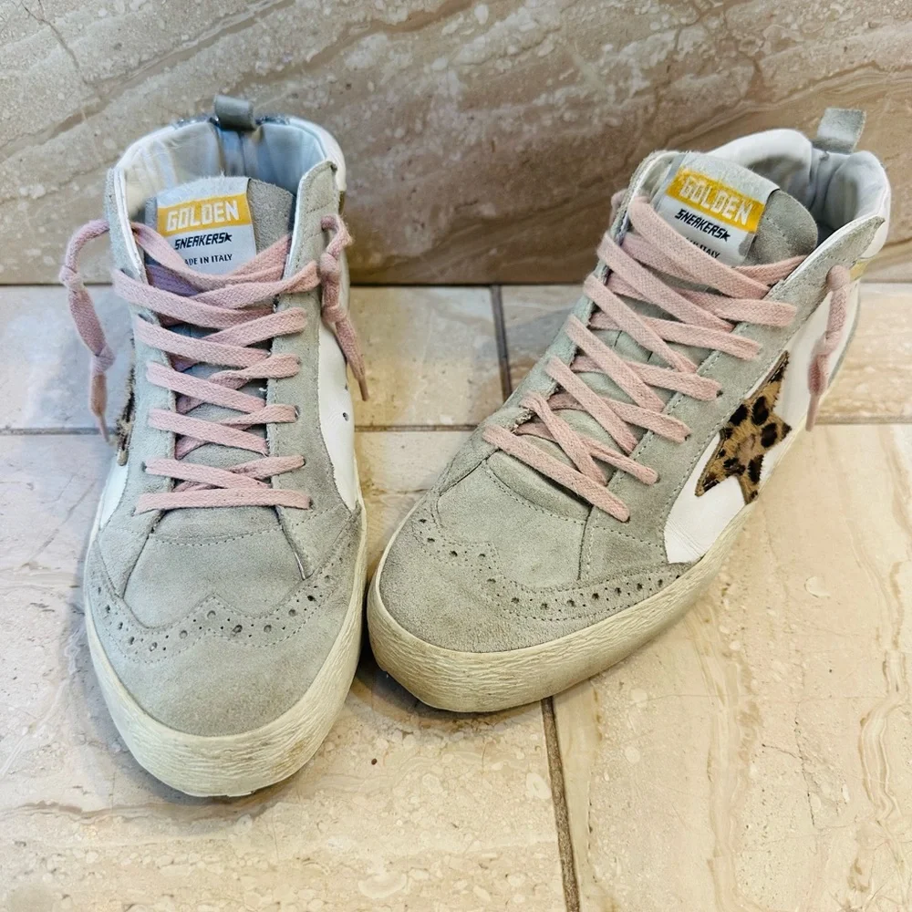 Golden Goose High-Top Sneakers - Gray and Pink with Leopard Detail - Picture 1 of 12